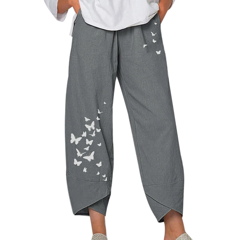 

2020 Summer ladies cotton linen wide-leg pants loose butterfly print wide-leg pants women casual trousers Streetwear Pants Women