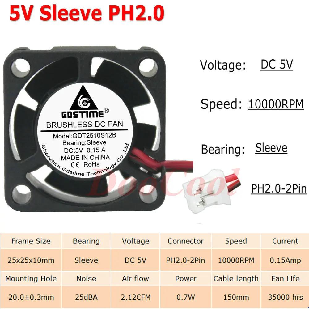 5V Sleeve PH2.0 5 шт. Gdstime с фокусным расстоянием 25 мм 25x25x10 мм 2Pin JST Dupont 5 В, 12 В, 24 В постоянного тока, 2510 рукав Шаровая Опора радиатора мини Бесщеточный Охлаждающий вентилятор Cooler - Цвет лезвия: 5V Sleeve PH2.0