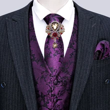 Barry.Wang – gilet à fleurs violet pour hommes, combinaison Slim, gilet en soie, ensemble cravate, mouchoir, boutons de manchette, gilet formel pour les affaires  (4)