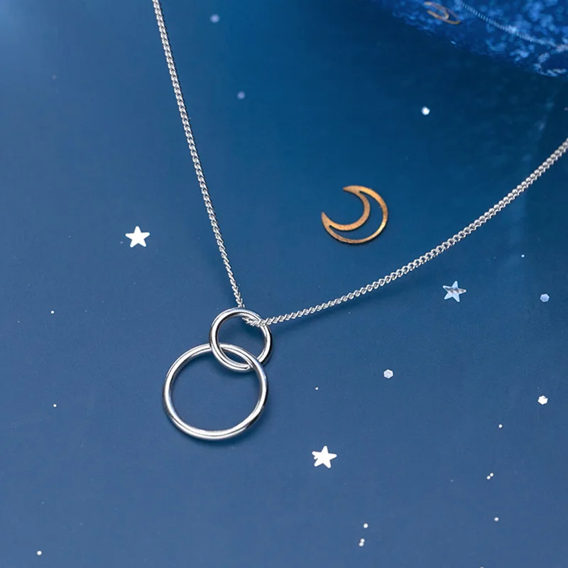 

PONYKISS Trendy S925 Sterling silver Two Round connection Pendant Necklace Chain Women Party Fine Accessory Romantic Gift