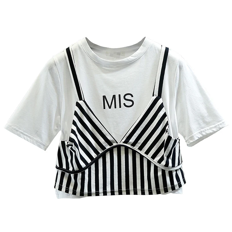 

Striped Splicing Sling Fake Two-Piece T-shirt Women 2021 Summer New Loose Short Sleeve Striped Tshirt Ladies Croped Tops Tee