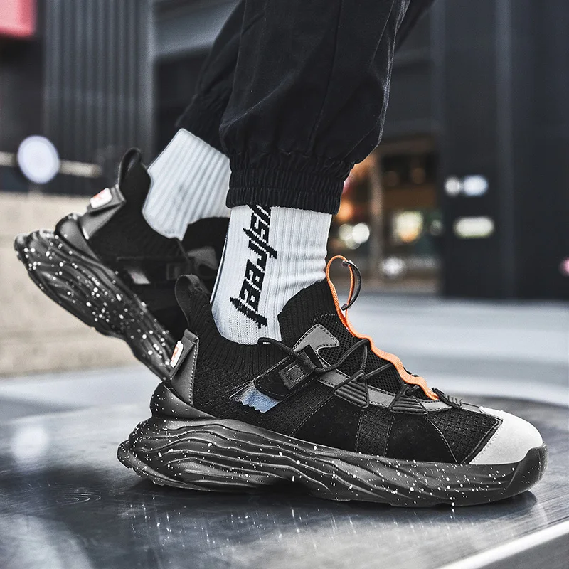 

Spring Male Casual Sneakers Personality Old Chunky Shoes Men Lace Up Fashion Chaussure Homme Flying Woven Sock Sneakers Platform