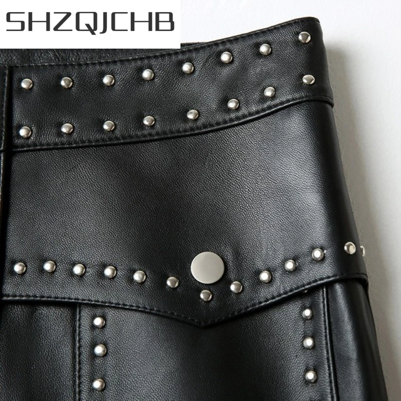 

JCHB 2021 OL Genuine Leather Skirts Women High Waist Slim Sheepskin Office Mid Skirts Streetwear Black Rivets Wrap Skirts Jupe F