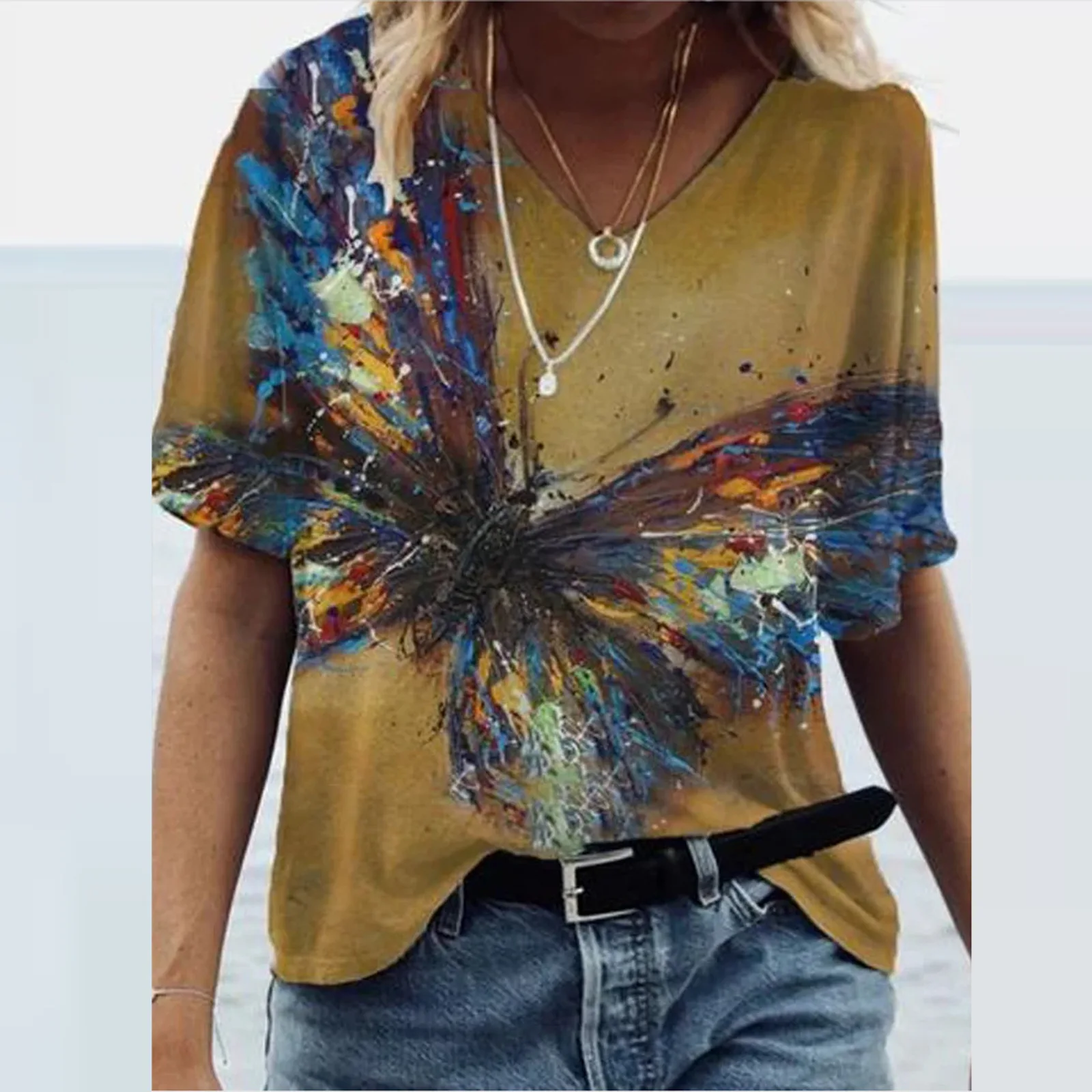

Oversized Ladies Tops Summer Short Sleeve V-Neck Loose Plus Size Casual Streetwear T Shirt Women Animal Frog Print Tee 2021 New