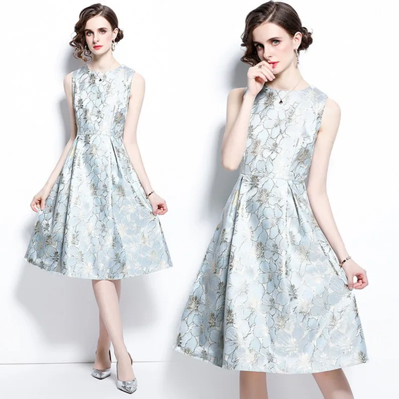 

2021 summer fashion women High Quality Vintage Sleeveless Jacquard Floral Midi casual Dresses