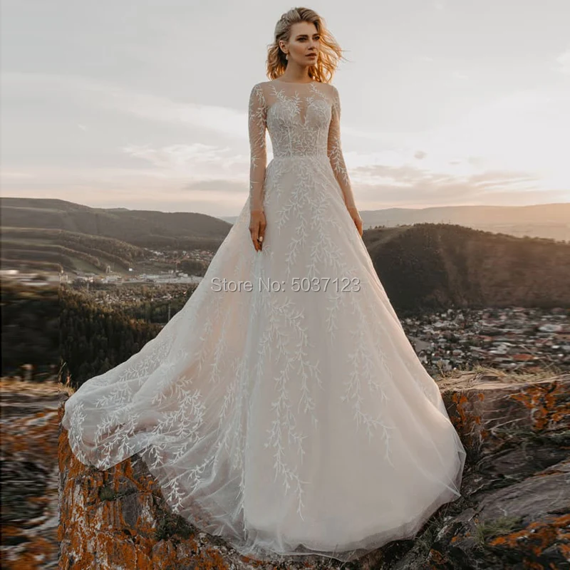 Тюлевое свадебное платье с длинными рукавами Vestido De Noiva, платье на пуговицах, тюль с кружевами аппликацией, свадебные платья