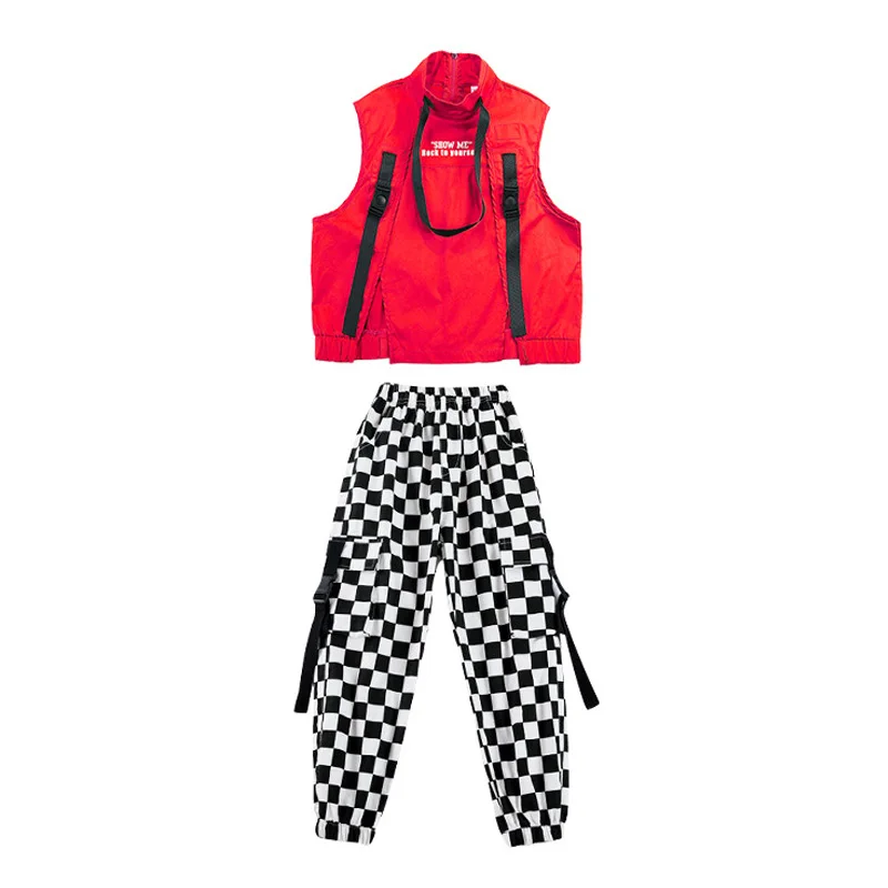 Kid Hip Hop Clothing Sleeveless Jacket Top Streetwear Checkered Tactical Cargo Jogger Pants for Girl Boy Dance Costume Clothes