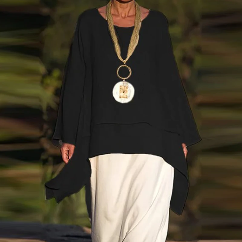 

Vintage Plain Color Irregular Blouses Women Casual O Neck Double Ruffle Shirts Pullover 2021 Spring Autumn Long Sleeve Loose Top