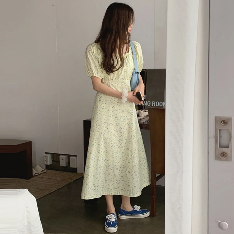 

Korean Chic Gentle Sweet Square Collar off-Shoulder Ruffle Tight Waist Slimming Puff Sleeve Floral Dress Long Skirt