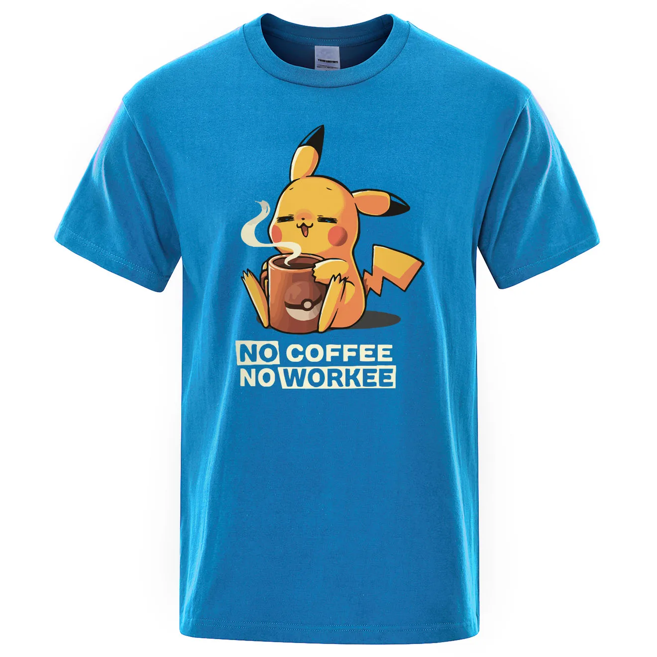 Футболки NO COFFEE NO WORKEE, Пикачу, футболка Pokemon, повседневные мужские футболки с круглым вырезом, Забавные футболки, черные мужские топы, брендовая одежда - Цвет: light blue 6