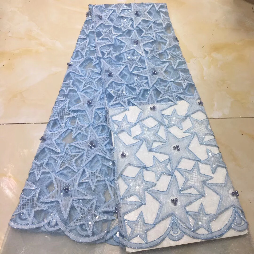 

Blue African lace fabric 2020 High Quality Embroidered Beads Swiss Voile Lace French Tulle Lace Fabric For Nigeria Party KH9024A