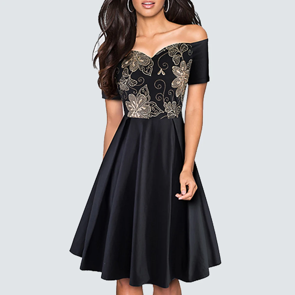 Женское винтажное платье с открытыми плечами черное ТРАПЕЦИЕВИДНОЕ ПЛАТЬЕ