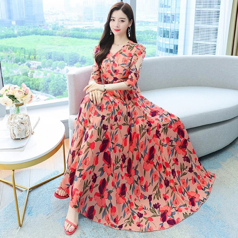 

Приморский праздничное платье для женщин с принтом тонкий шифон элегантные длинные платья с v-образным вырезом с короткими рукавами, с коро...