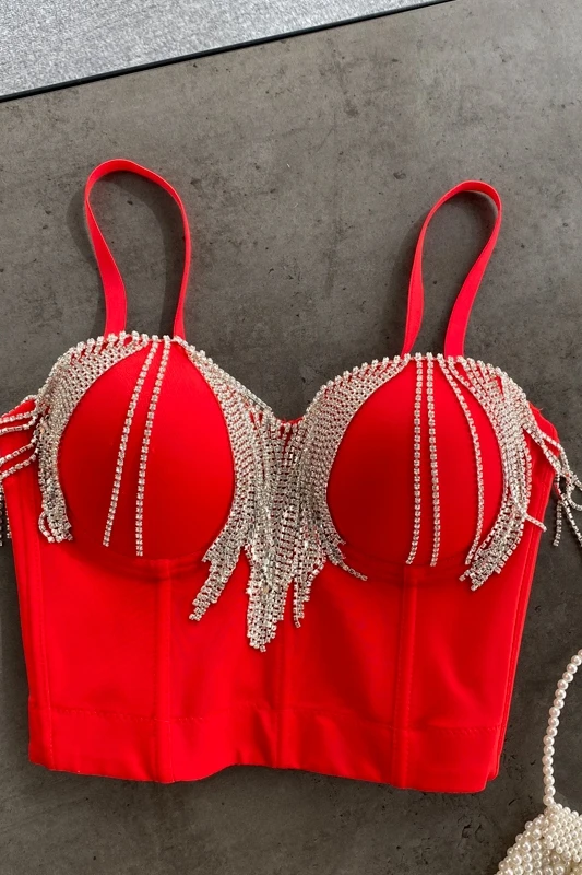 

NEW New Fashion Tassel Rhinestone Camisole Sexy Padded Nightclub Dance Sleeveless High Waist Bustier Crop Tops