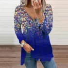 Рубашки на молнии с цветочным принтом, уличная одежда, блузка, женская Свободная Повседневная блузка с длинными рукавами и V-образным вырезом, женская блузка