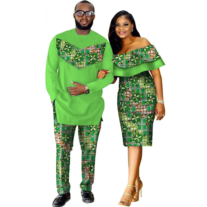 9 Комплект из двух предметов, африканская одежда с принтом Дашики для влюбленных, мужской костюм, плюс женское облегающее платье с оборками и рукавами 6XL WYQ62 - Цвет: 9
