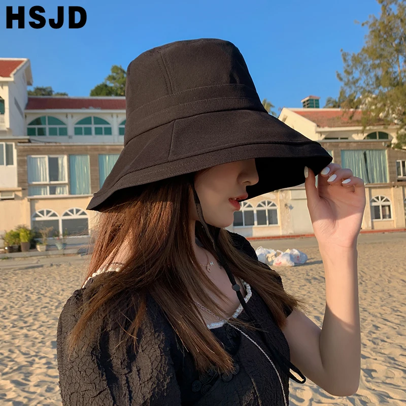 

Fashion Solid Color Sun Bucket Hats Summer Women's Cap Wide Brim Foldable Anti-UV Beach Caps Panama Female Floppy Hat Bonnet