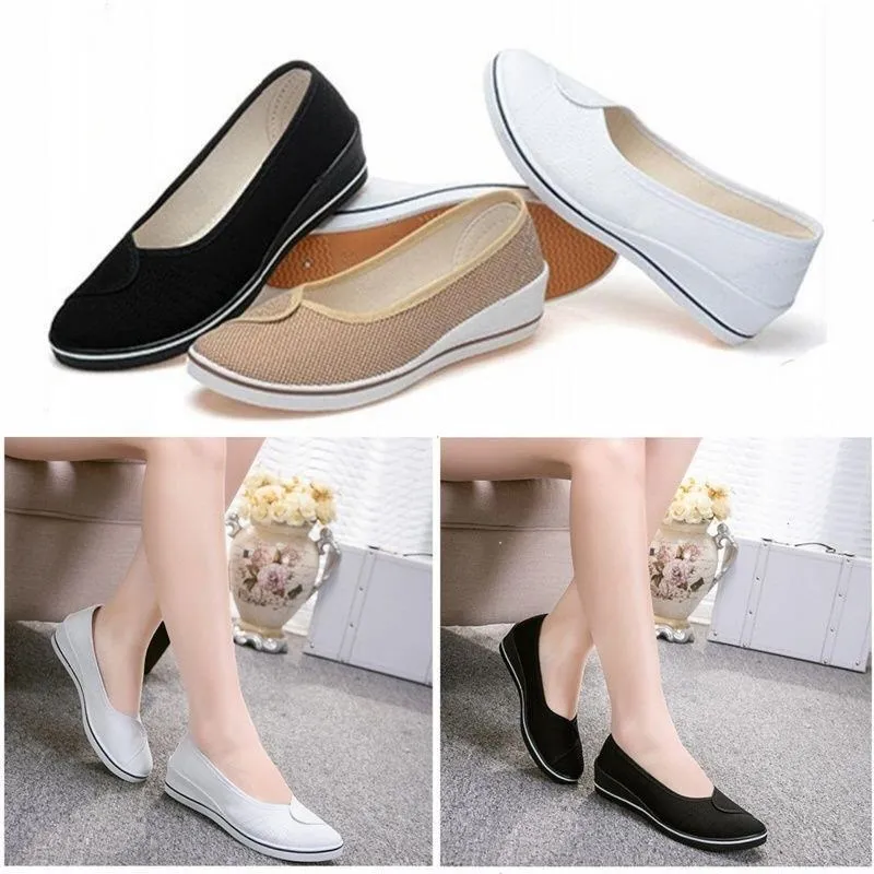 Женские тканевые туфли на танкетке мягкие повседневные рабочие высоком каблуке |