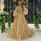 Блестящие золотые блестки бисером А-силуэта Длинные вечерние платья с пышными рукавами Дубай вечерние платья роскошное официальное платье
