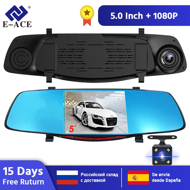 E-ACE Видео Registratory Full HD 1080 P Автомобильный Видеорегистратор Камера Avtoregistrator Зеркало Заднего Вида Цифровой Видео Рекордер с Двумя Объективами Тире Видеокамеры