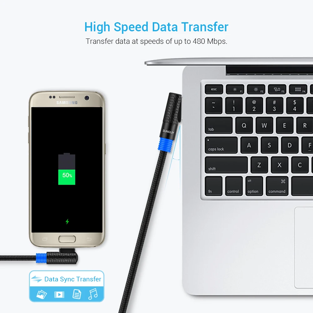 SUNGUY-Cable trenzado Micro USB Reversible, 100 unids/lote, &aacute;ngulo recto de 90 grados, carga r&aacute;pida y sincronizaci&oacute;n de datos, venta al por mayor-4