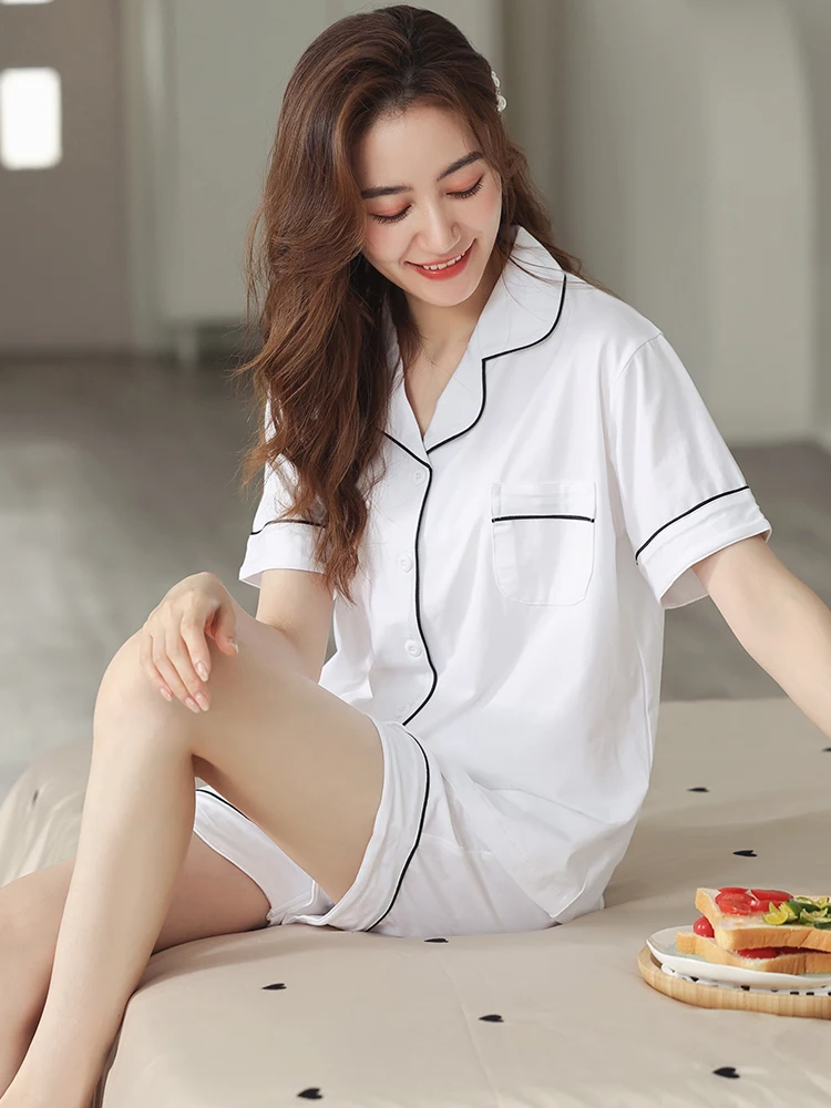 2021New Pure Cotton Pajamas Set for Women Summer Short Sleepwear Pyjama Home Clothes Female Short Set Summer Cotton Pijama Mujer