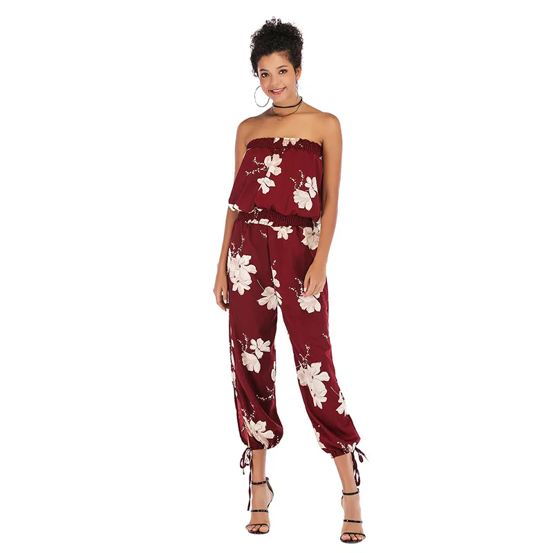 

Beach wind jumpsuit sexy word collar halter nine points pants holiday style slim chiffon printed jumpsuit female tide