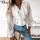 Пикантные женские летние рубашки Celmia с V-образным вырезом, модные топы с оборками и длинным Расклешенным рукавом, Элегантные повседневные свободные Однотонные блузки, 2022