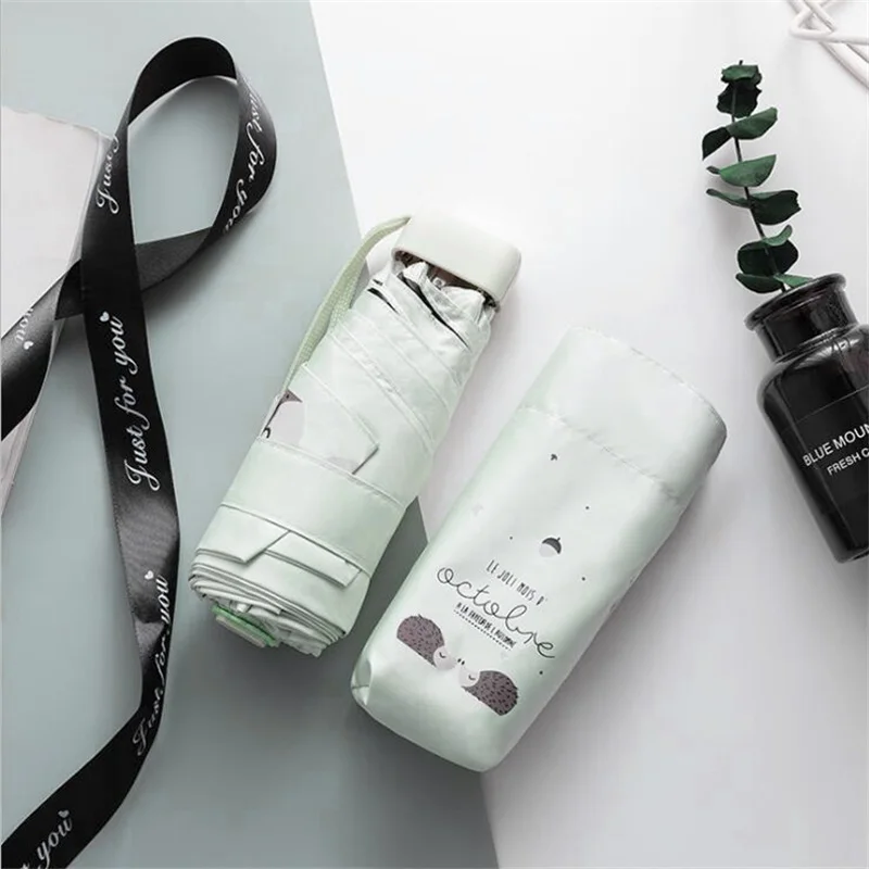 Hedgehog Green Карманный мини-зонтик с рисунком, детский зонт, 5 складов, ветрозащитный зонтик с УФ-защитой для девочек, детский зонтик - Цвет: Hedgehog Green