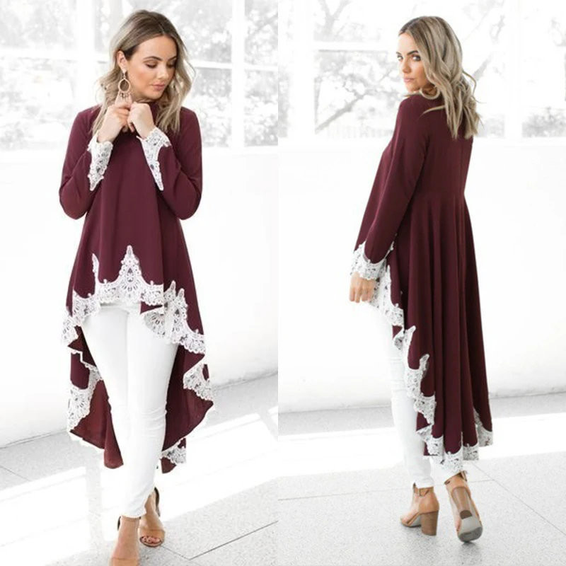 Модное осеннее платье-рубашка с длинным рукавом кружевное неравномерное женское