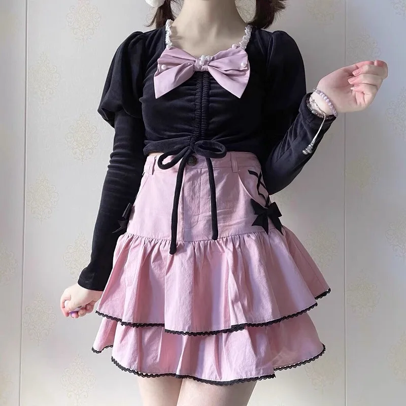 

Japanese preppy style sweet puff skirt female ulzzang Harajuku cute high waist ruffle lace skirt fashion y2k sexy mini skirt