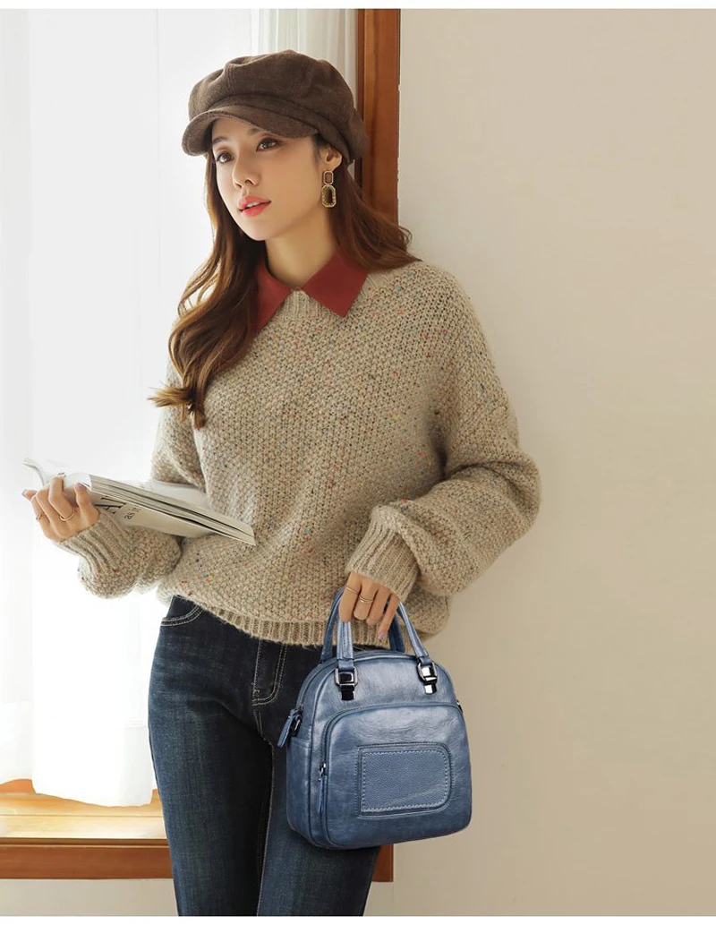 

3 in 1 women's backpack retro women's shoulder bag soft leather backpack lady travel backpack small girl fashion school bag 2021