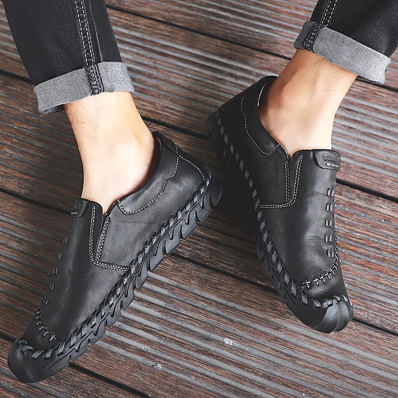 Мокасины мужские из натуральной кожи туфли с круглым носком лоферы повседневная