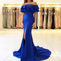 royal blue mermaid evening dresses long 2021 elegant off the shoulder ruffle sleeve satin prom dress simple sexy robes de soir%c3%a9e