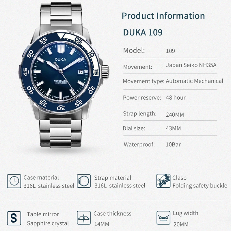 

2021 New DUKA DESIGN Fashion Brand Sapphire Men's Automatic Watches Stainless Steel Waterproof 100M Men Mechanical Wrist Watch