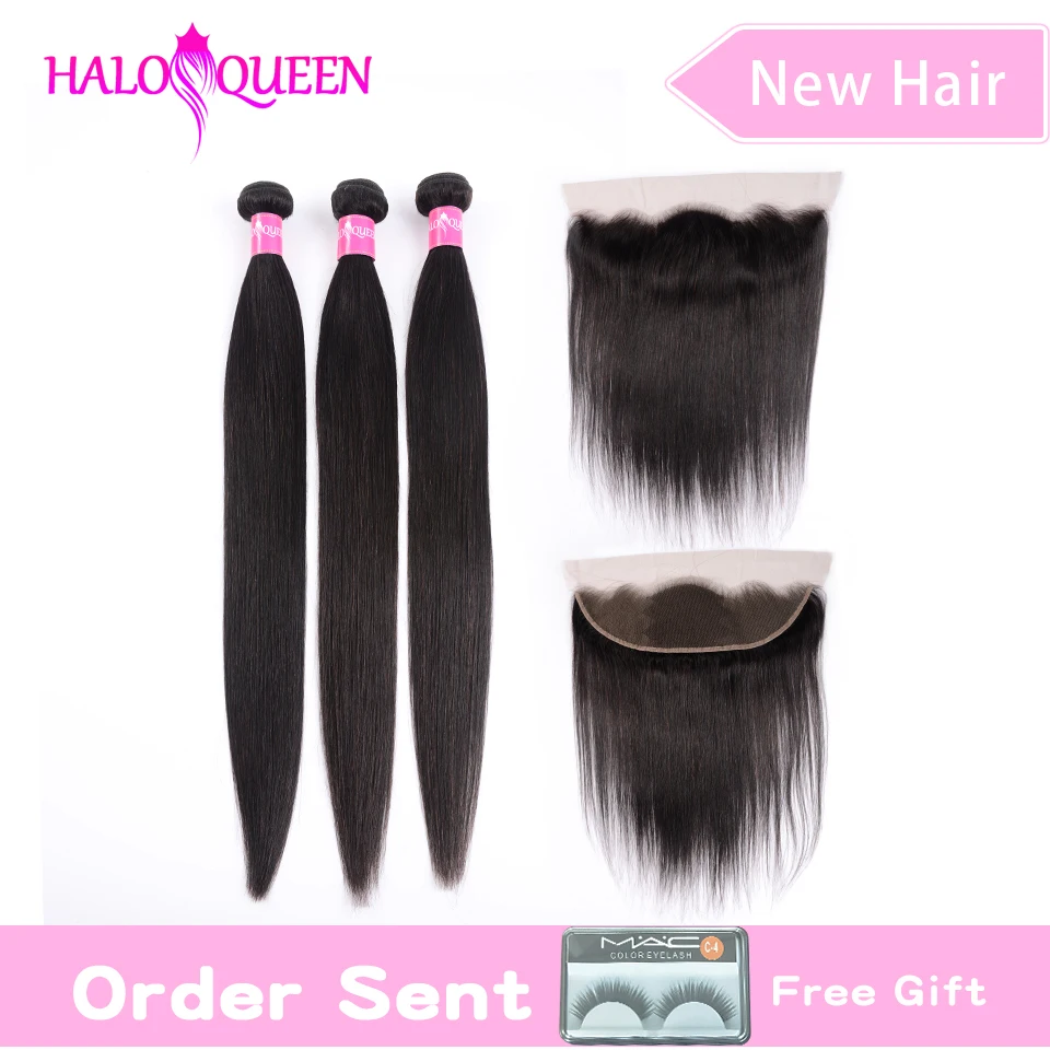 HALOQUEEN человеческие волосы 3 пряди с 13*4 фронтальными ушами до ушей, бразильские прямые волосы, натуральный цвет, не Реми волосы для наращивания