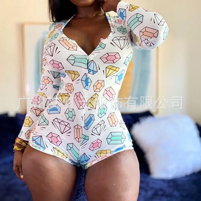 

ZHUISHU Fashion One-piece Jumpsuit Women Y2K Girl Long Sleeve Dark V Collar Cartoon Printed Slim Sexy Pajama Girl Swimwear R37