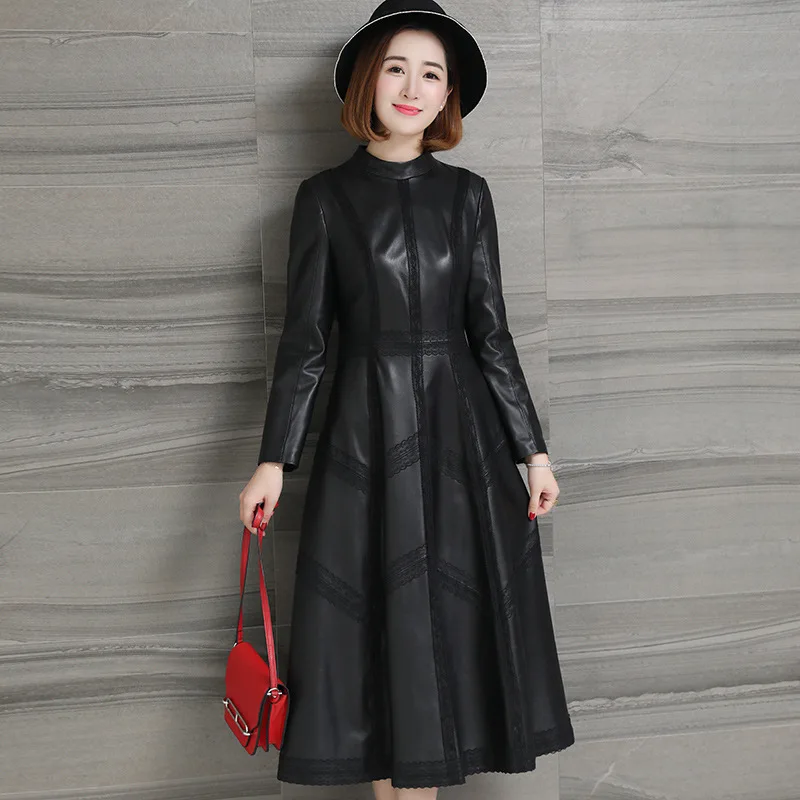 Женское кожаное длинное кружевное платье классическое теплое трапеция из