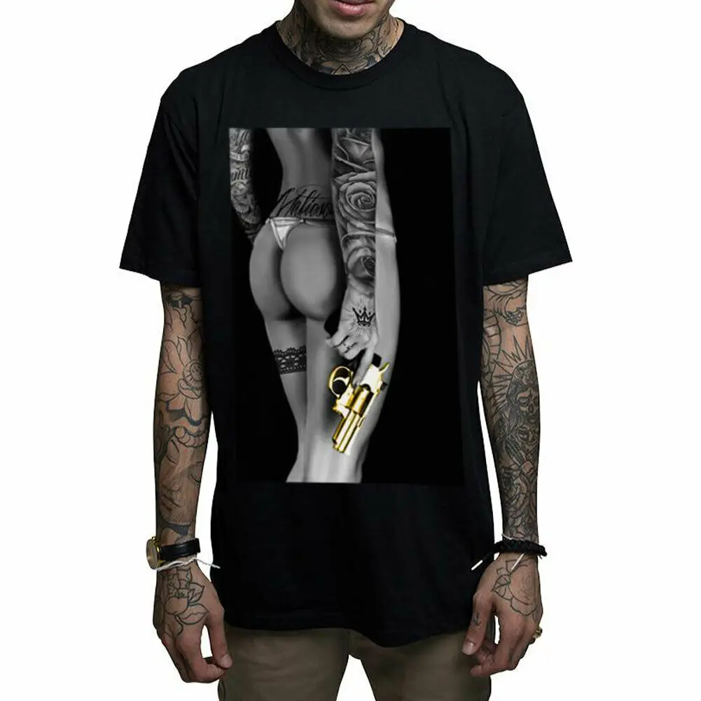Mafioso Men'S Goldie футболка с короткими рукавами черная татуировкой и автоматом