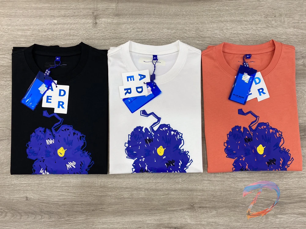 

ADER ERROR Blue Graffiti Short Sleeve T-shirt Men Women High Quality Embroidery Outlines Flowers Tops Aedrerror Fashion T Shirts