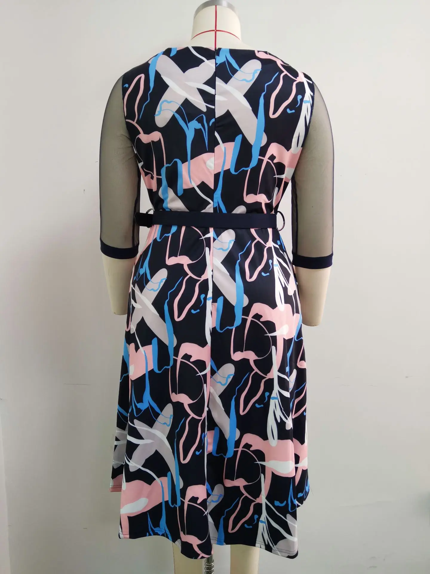 

2X--6XL Printed Dress Spring 2021 New African Plus Size Women's Round Neck Three-Quarter Sleeves With Belt Fashion Elegant Dress