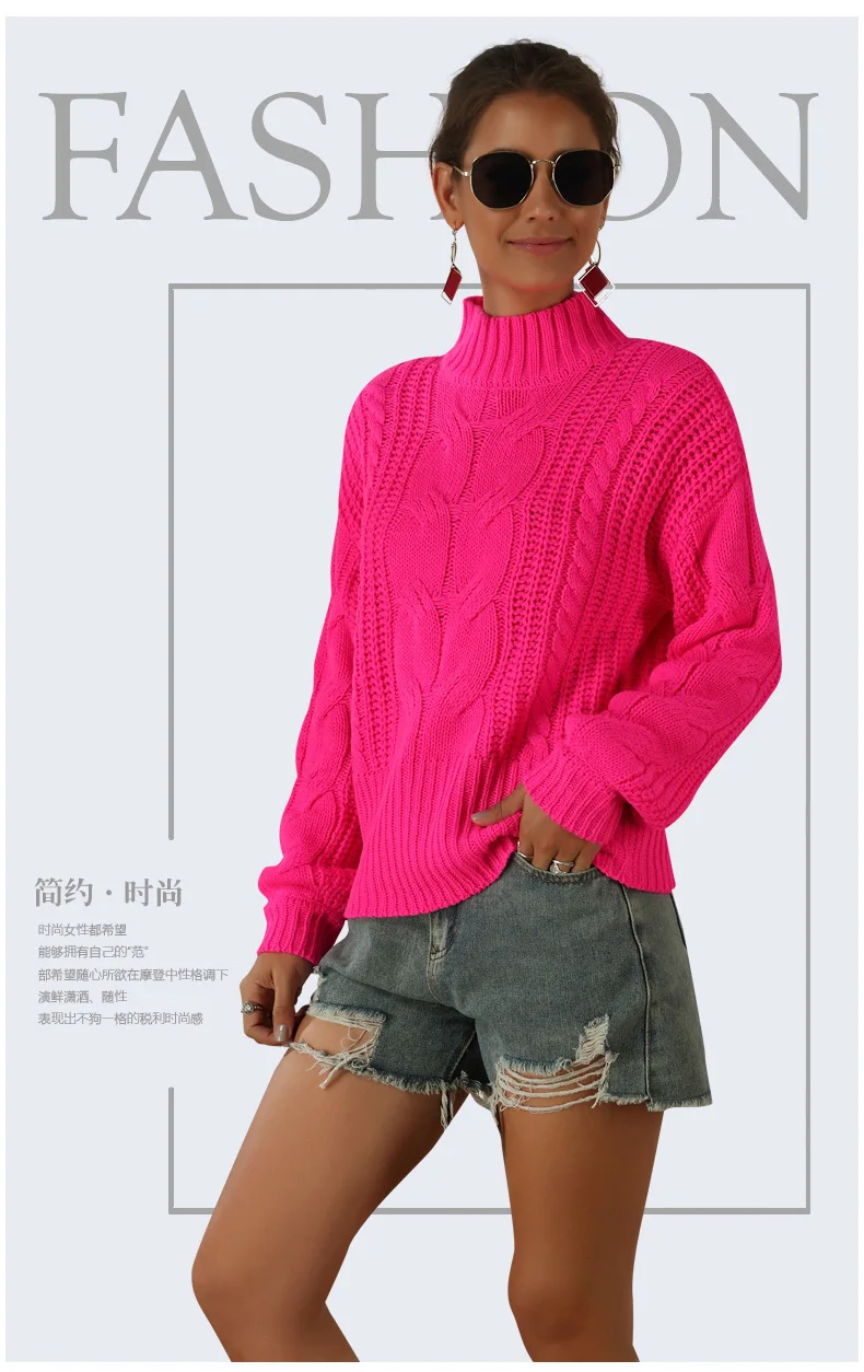 

Half Turtleneck Knitted Sweater For Elegant Women 2021 New Autumn Winter Fluorescent Color Fashion Loose Sweaters Y255