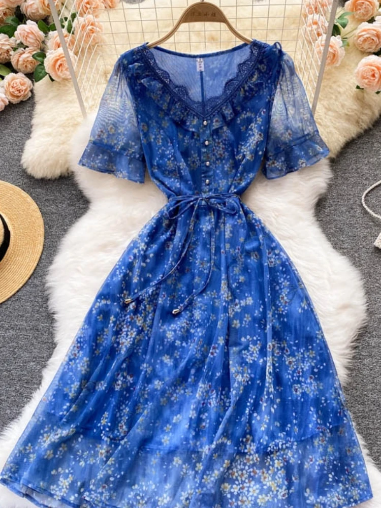 

Aibeautyer New Summer Casual Floral Print Chiffon Lady Short Dress A Line V Neck Vintage Pullover Women Mid-Calf Dresses