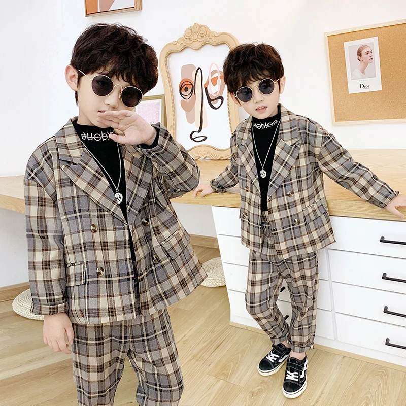 Комплект одежды для мальчиков клетчатый двубортный пиджак и брюки подростков