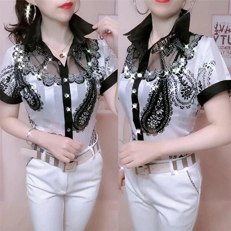 

lace Shirts for Women's Trendy Mesh Tloral Ladies Chiffon Shirt Long sleeve lapel Thin Blouse Feminine Bottoming Shirt
