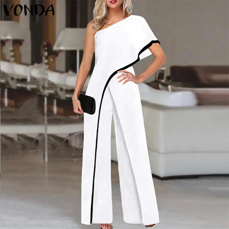 

VONDA Women Wide Leg Rompers 2021 Summer Casual Palazzo Pantalones Loose Solid One Shoulder Jumpsuits Office OL Overalls Femme