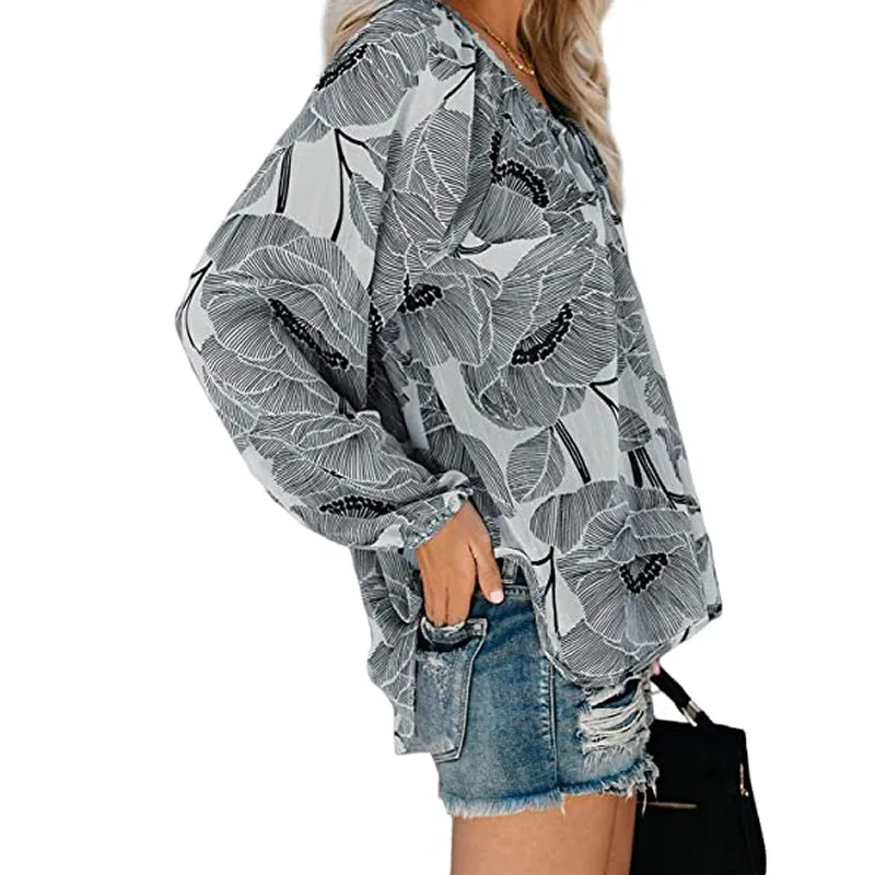 

Women Blouses Autumn Casual Elegant V Neck Lace Up Tassel Long Sleeve Floral Print Boho Loose Shirts Fashion Vintage Ladies Tops