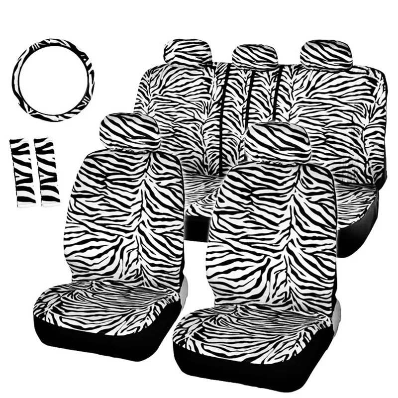 

1set/12pcs Short Plush Luxury Zebra Seat Covers Universal Fit Most Car Seats Steering Wheel Cover Shoulder Pad White Seat Cover