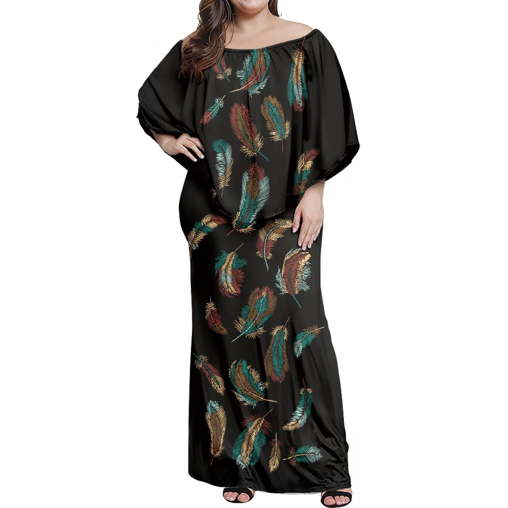 

Sublimated Traditional Tribal Colorful Feather Printing Casual Dress Long Skirt Suit Loose Frill Women Elegant Evening Dresses
