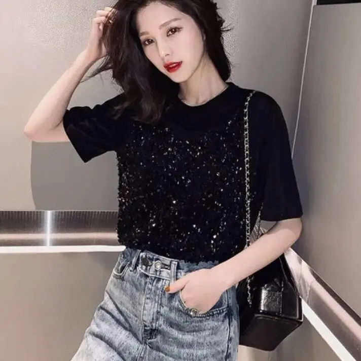 Новинка лета 2020 женская модная футболка с имитацией двух частей блестками и